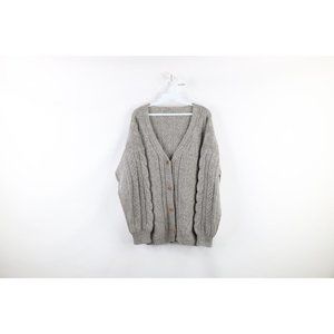 Vintage 60s Grunge Womens XL Chunky Cable Knit Kurt Cobain Cardigan Sweater Gray